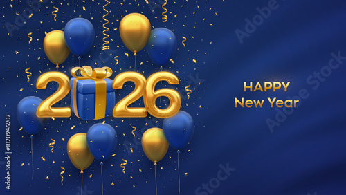 Happy New Year 2026. Hanging Golden numbers 2026, gift box, 3D festive helium balloons and falling confetti on blue background. New Year, Xmas greeting card, banner template. Vector illustration.