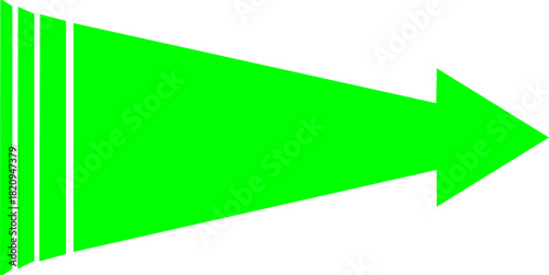 A vibrant green arrow pointing to the right with three vertical white stripes at its base on a white background.