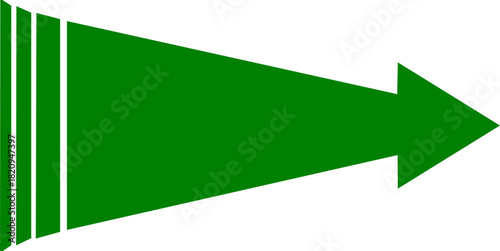 A solid green arrow pointing to the right with three vertical white stripes at its wide base.