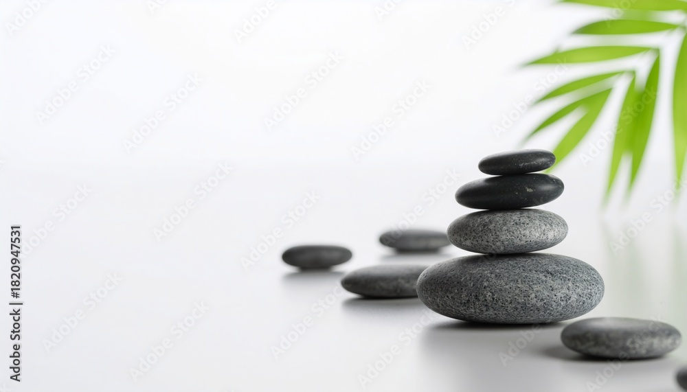 Fototapeta premium Zen balanced stone tower with tropical palm fronds creating peaceful spa meditation atmosphere