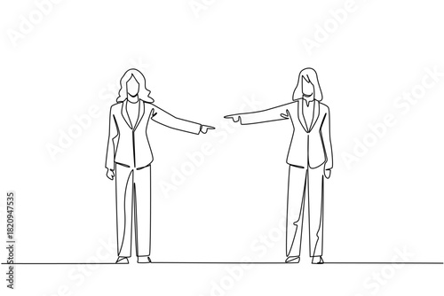 Continuous line draw of two business women standing opposite each other, both pointing finger, representing mutual blame or conflict. Business concept of international event National Blame Someone Day