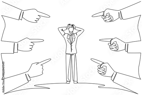 One line drawing of a distressed business man clutching his head, surrounded by multiple hands pointing fingers at him, symbolizing intense blame or pressure. National Blame Someone Else Day event