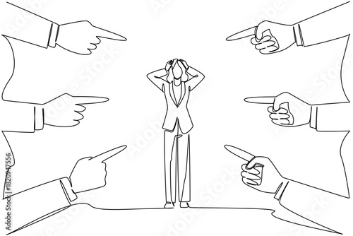Single line drawing of a distressed business woman clutching her head, surrounded by multiple hands pointing fingers at her. Intense blame or overwhelming pressure. National Blame Someone Else Day