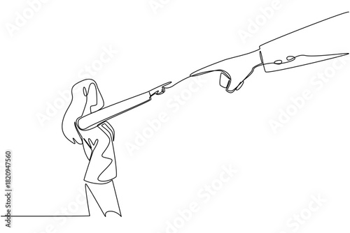 Single line drawing of a businesswoman pointing at a giant finger and hand, illustrating accountability or a larger authority. Business concept of international event National Blame Someone Else Day