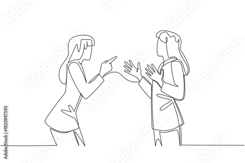 Single line drawing of two businesswomen in an argument, pointing with hands raised, symbolizing conflict and mutual blame. Concept related to an international event National Blame Someone Else Day.