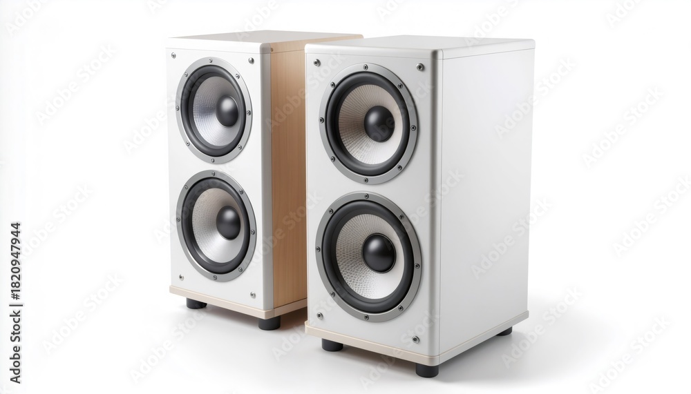 Obraz premium Premium white bookshelf speakers with dual woofers and aluminum tweeters showcased against clean studio backdrop