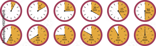 Minute Timer Icon set. Countdown timer symbol. Stopwatch icons with different time. Stopwatch intervals signs. representing stopwatch, time tracking, scheduling, deadline, and duration measurement.