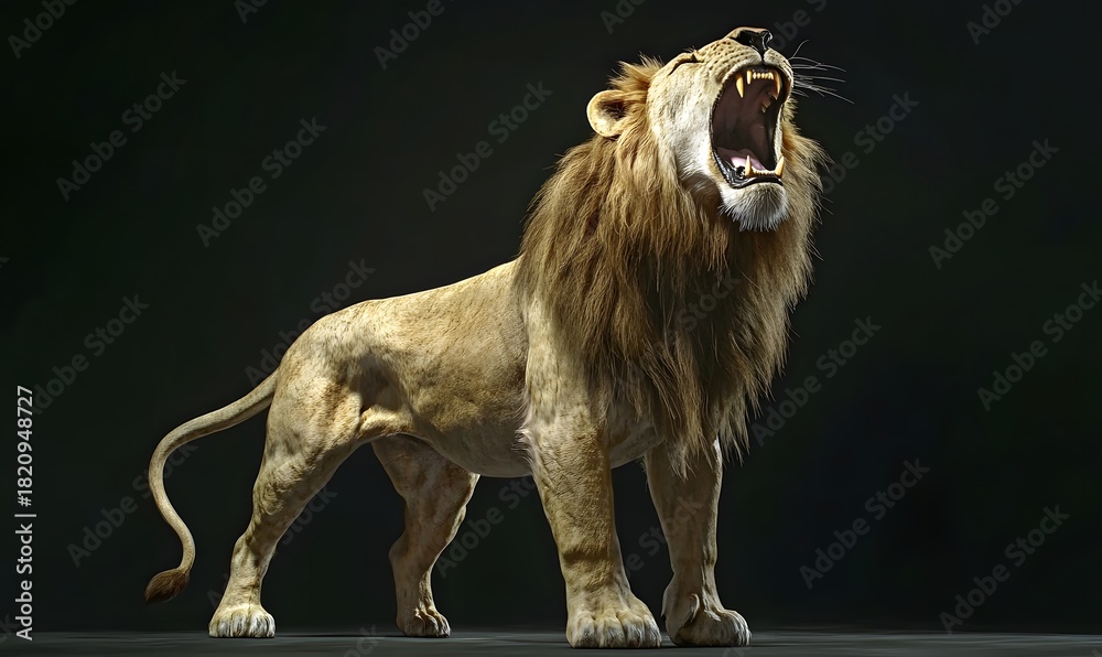 Fototapeta premium Majestic male lion roaring with full mane and open jaws against black background in dramatic lighting