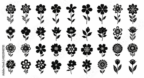 Elegant collection of minimalist floral icons. Black flower silhouettes and botanical symbols for logos and graphic design