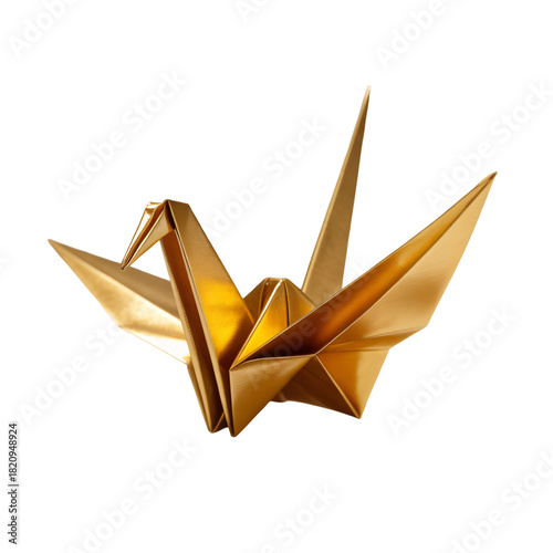 Metallic Gold Origami Crane on White | Photorealistic Golden Paper Crane Minimalist Shot | Elegant Folded Origami Bird with Reflective Gold Finish