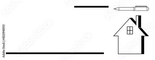 Horizontal lines, house icon, and pen conceptually represent homeownership, mortgages, agreements. Ideal for real estate, contracts, creativity minimal design finance planning. A simple flat