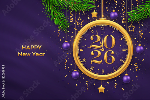 Happy New Year 2026. Golden New Year countdown clock with numbers 2026. Bauble balls, gold metallic stars, confetti on purple background. New Year greeting card, party invitation. Vector illustration.