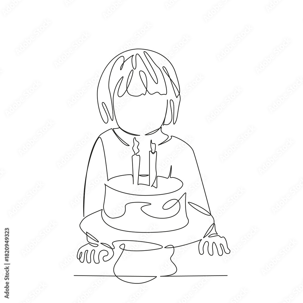 Obraz premium One continuous single drawing line art flat doodle candle, celebrate, birthday, childhood, girl, cake, little. Isolated image hand draw contour on a white background, hand drawn, not AI