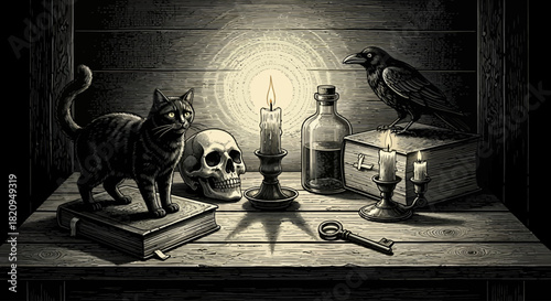 Esoteric still life with a black cat, raven, and skull illuminated by candlelight for a magical witchcraft ritual