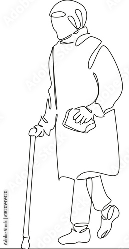 One continuous single drawing line art flat doodle grandmother, cane, walking, elderly, pensioner, old, woman. Isolated image hand draw contour on a white background, hand drawn, not AI