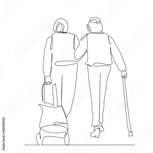 One continuous single drawing line art flat doodle elderly, woman, grandmother, senior, shopping, purchase. Isolated image hand draw contour on a white background, hand drawn, not AI