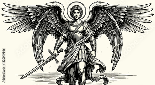 Classic vintage engraving of a powerful archangel warrior with large feathered wings and a holy sword, depicted in detailed armor