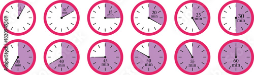 Minute Timer Icon set. Countdown timer symbol. Stopwatch icons with different time. Stopwatch intervals signs. representing stopwatch, time tracking, scheduling, deadline, and duration measurement.