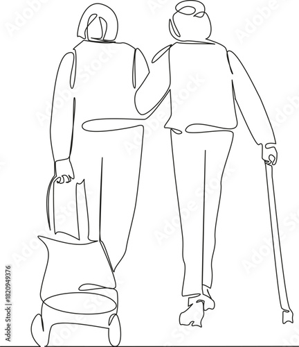 One continuous single drawing line art flat doodle elderly, woman, grandmother, senior, shopping, purchase. Isolated image hand draw contour on a white background, hand drawn, not AI