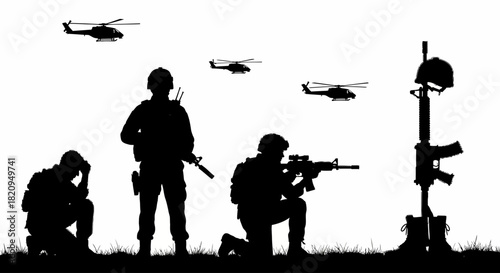 Solemn silhouette of soldiers honoring a fallen comrade with a battlefield cross memorial under a sky with helicopters