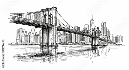 Hand-drawn ink sketch of a historic suspension bridge with a metropolitan city skyline in the background, reflected in the water