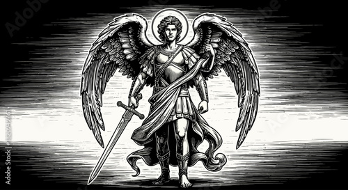 Monochrome vintage illustration of a majestic guardian angel in armor, holding a powerful sword against a radiant background