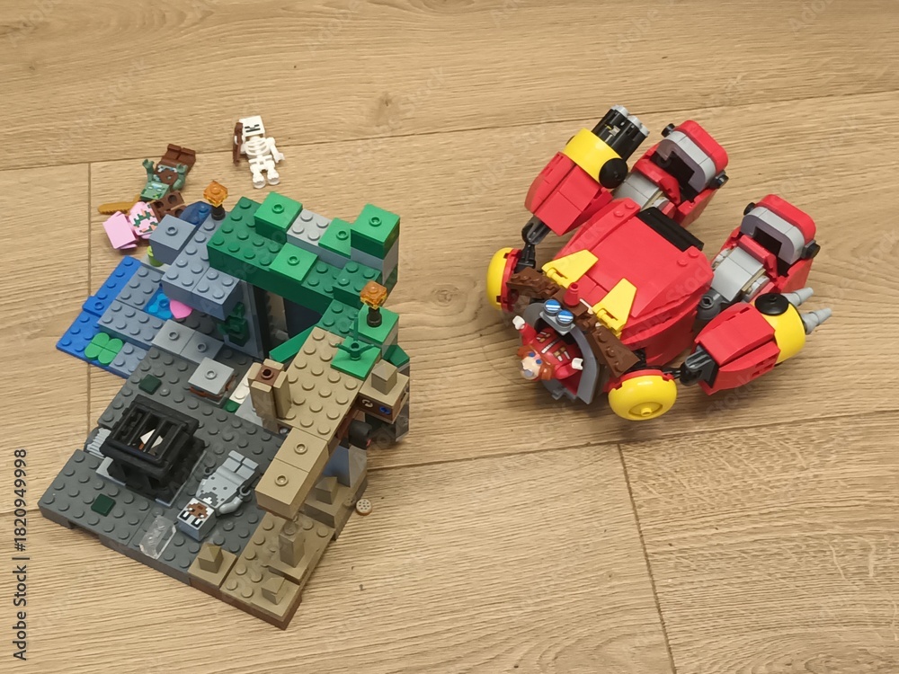 Obraz premium A playful crossover of LEGO worlds featuring Minecraft, Sonic the Hedgehog's Dr. Eggman, and Star Wars Stormtroopers