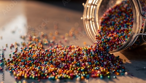 Fototapeta Naklejka Na Ścianę i Meble -  Vibrant rainbow sprinkles cascading from glass bowl creating magical kitchen counter display with cinematic lighting