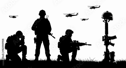 A solemn tribute to fallen heroes, featuring a silhouette of soldiers, a battlefield cross memorial, and helicopters