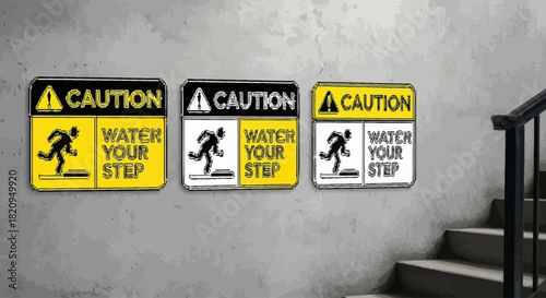 A collection of Caution Watch Your Step signs with a falling person pictogram, shown as sticker mockups on a wall next to a staircase