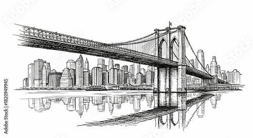 Hand-drawn black and white sketch of an iconic American bridge with the city skyline of New York reflected in the water