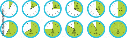 Minute Timer Icon set. Countdown timer symbol. Stopwatch icons with different time. Stopwatch intervals signs. representing stopwatch, time tracking, scheduling, deadline, and duration measurement.