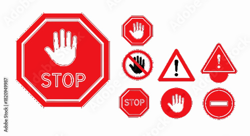 A comprehensive collection of isolated red stop, warning, and prohibition signs for safety and traffic regulation