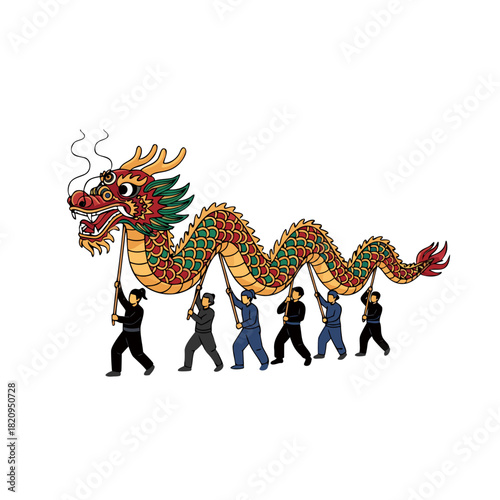 Dragon dance performers carrying colorful dragon during celebration  