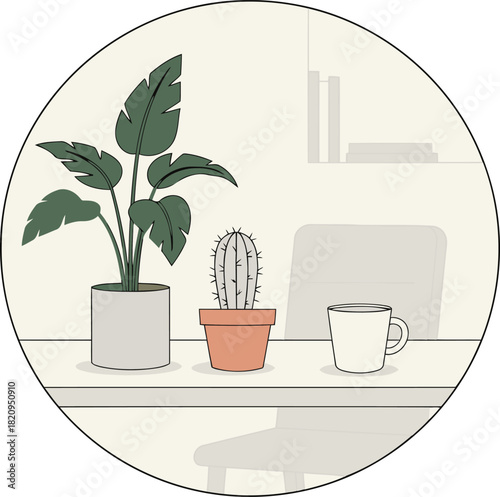 Indoor workplace decor showcasing plants and a warm cup of tea on a minimal desk design setting