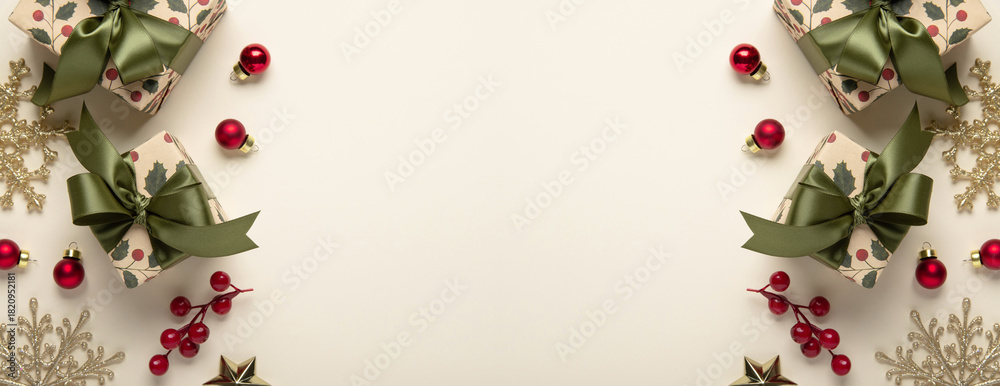 Obraz premium Merry Christmas and Happy Holidays greeting card, frame, banner. New Year. Christmas ornaments and gifts, presents on light beige background top view. Winter xmas holiday festive theme.