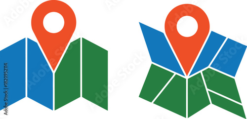 A set of two stylized folded map icons, each prominently featuring a bright red location pin marker, ideal for indicating precise geographical positions and travel routes for users