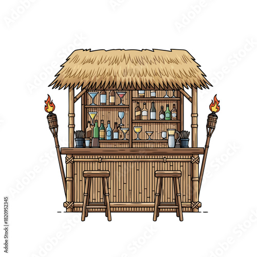 Tiki bar with tropical decor and assorted beverages on display  