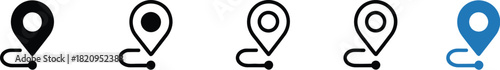 Set of five navigation icons depicting location pins and connecting paths, presented in distinct styles solid black, precise outlines, and a striking blue design for route visualization