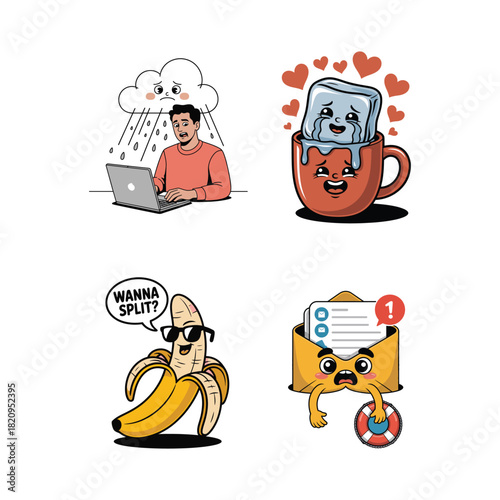 Sad Man Rain Laptop Crying Ice Cube Hearts Banana and Envelope Characters Keywords: man, sad