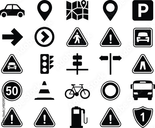 Collection of transportation and navigation icons including traffic signs, location pins, and vehicle symbols