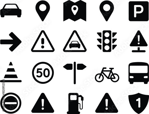 A collection of vector glyph icons representing traffic signs, navigation elements, and transportation symbols for web and mobile interfaces