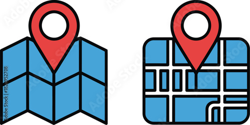 Set of two location icons showing a red destination pin on a classic folded paper map and a modern digital street map for navigation