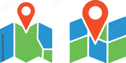 Two simple map icons featuring a folded map with blue and green areas, visible creases, and a red location pin marker for navigation and destination finding