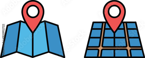Location Pin on Folded Map and Grid Map Navigation Icons