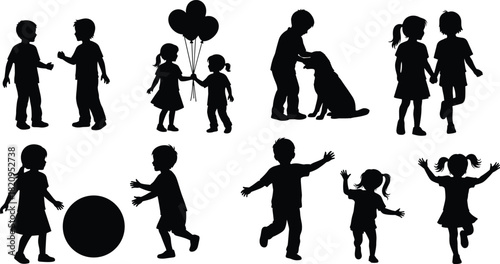 Black silhouettes showing happy children playing with a dog, holding balloons, running, and interacting with a large ball, symbolizing joy, active childhood, friendship, and carefree outdoor fun.