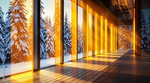 Luminous corridor frames snow laden evergreens through floor to ceiling windows during golden winter twilight