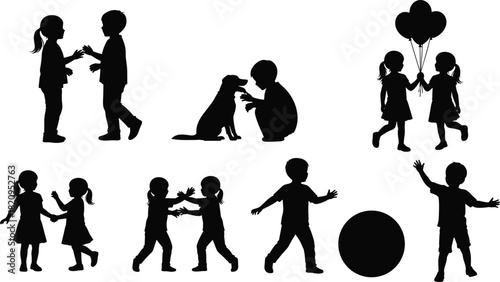 Vector silhouettes of diverse children playing actively with a dog, holding balloons, running, and interacting with a large ball, symbolizing joy, friendship, and carefree youth activities.
