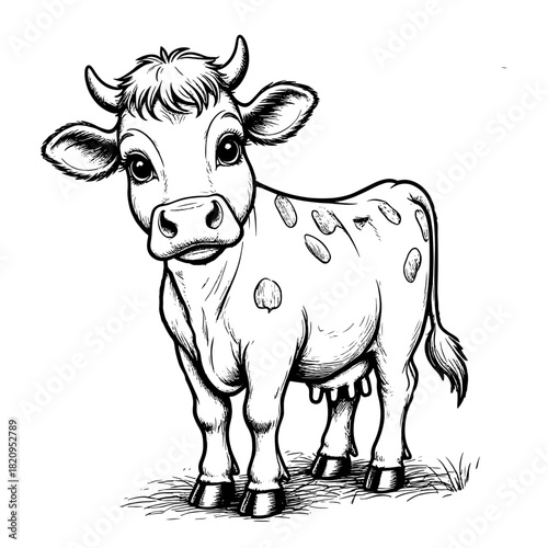 Cow with horns, simple linear drawing, sketch. Vector illustration. Dairy farm livestock, isolated on a white background. Pasture18