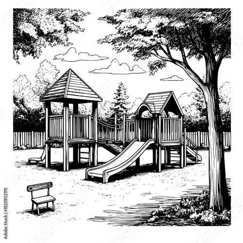 Children's playground in the park, black and white sketch. Vector illustration. Swings, a children's slide, benches. Isolated on a white background110